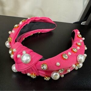 Pink Fuchsia Knotted Headband with Pearls & Gold Crystal Accents